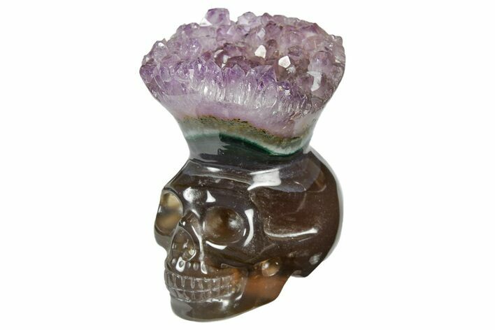 Polished Agate Skull with Amethyst Crown #181955